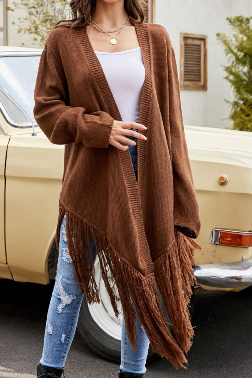 Fringe Hem Open Front Ribbed Trim Cardigan (2 Colors Available)